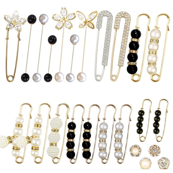 Rongsi 24-Piece Faux Pearl & Crystal Brooch Pins, No-Sew Waist Tightener & Safety Pin Set for Women, Decorative Clips for Sweaters, Dresses, and Jeans