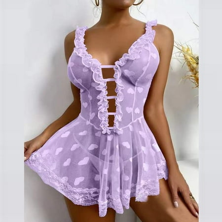 

Juebong Underwear for Women Clearance Under $10.00 Women s Fashion Sexy Soild Heart Print Lace Splicing Mesh Nightdress Purple XL