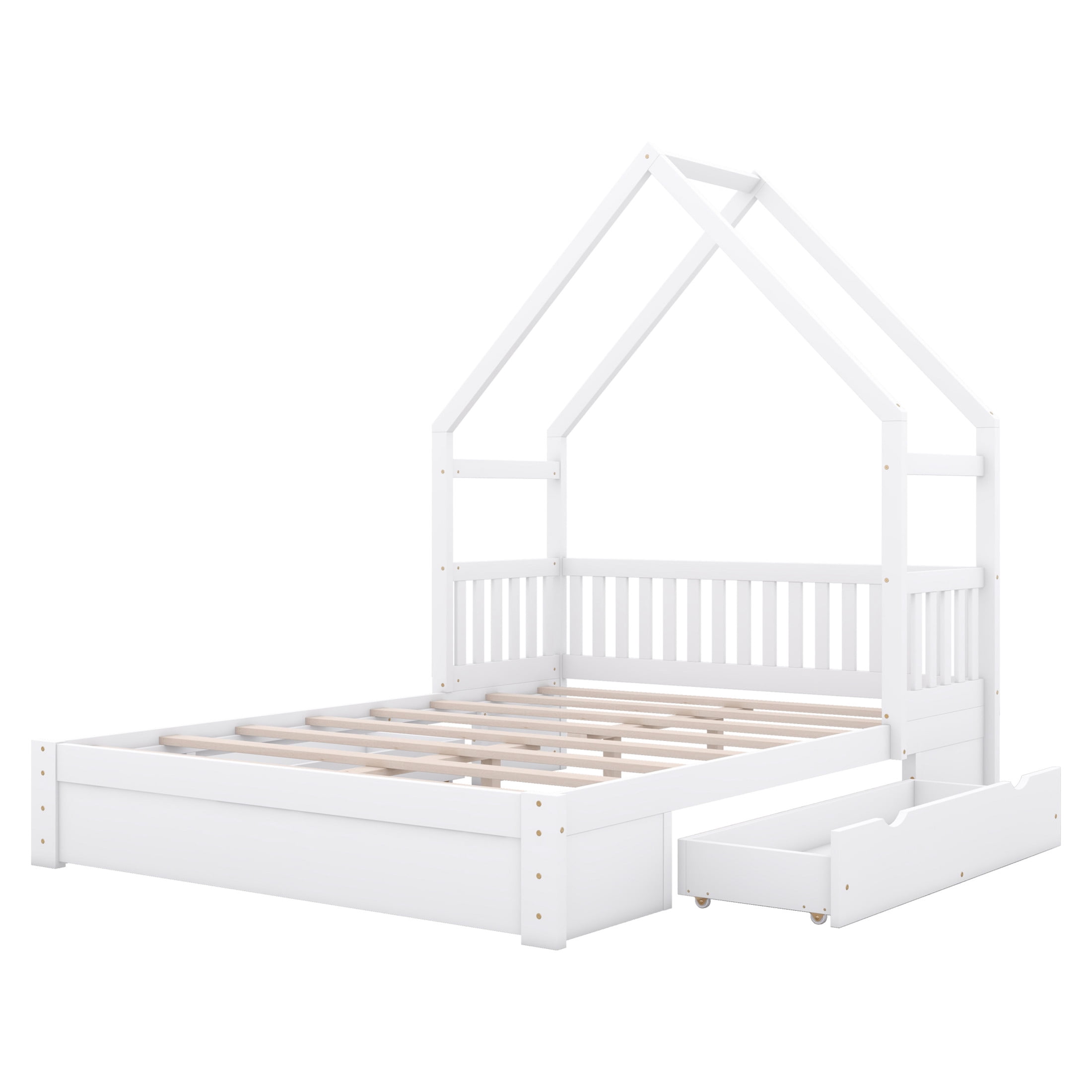 Noble House Nira Queen Size House-Shaped Platform Bed, Solid Pine Wood Bed with Storage Drawers, Space Saving, White