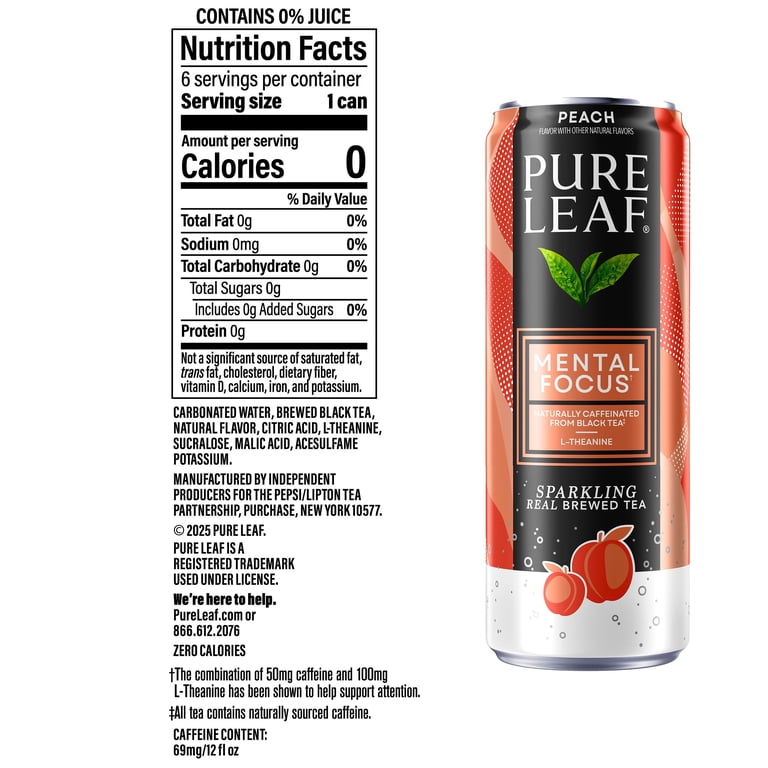 Pure Leaf Mental Focus Sparkling Peach Iced Tea, 12 fl oz, 6 Pack photo 3
