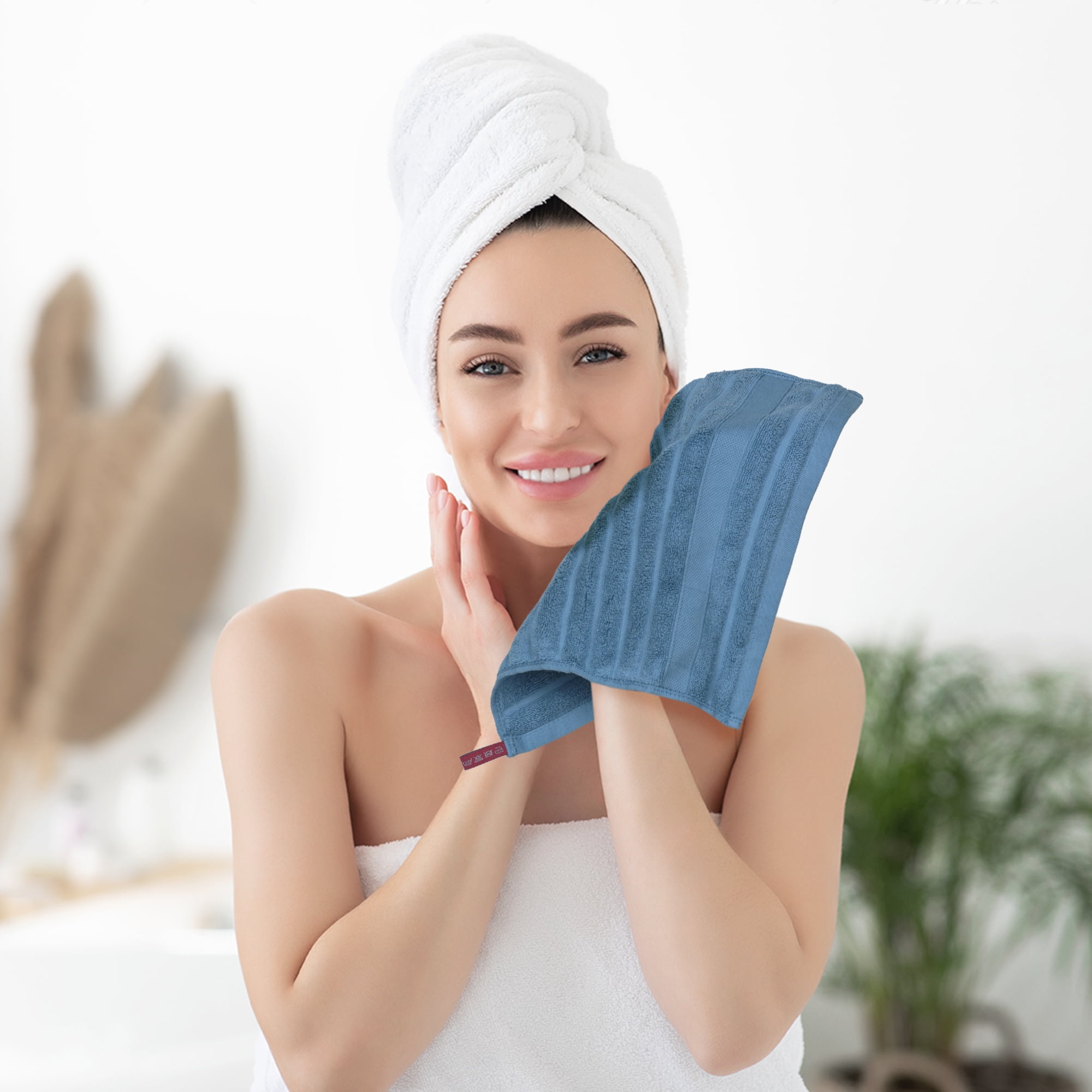 REGALWOVEN Striped 12 Pack Washcloths Pure Cotton Face Towels Comfort Towels Blue
