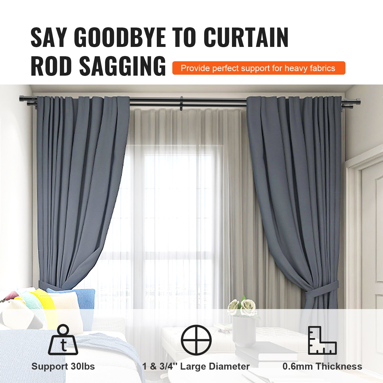 BENTISM Double Curtain Rods for Windows 36 to 72 inches(3-6ft), Adjustable Telescoping Double Curtain Rod with with Cap Finials, 1" and 3/4" Diameter, Heavy Duty Double Drapery Rod for Sheer and Blac