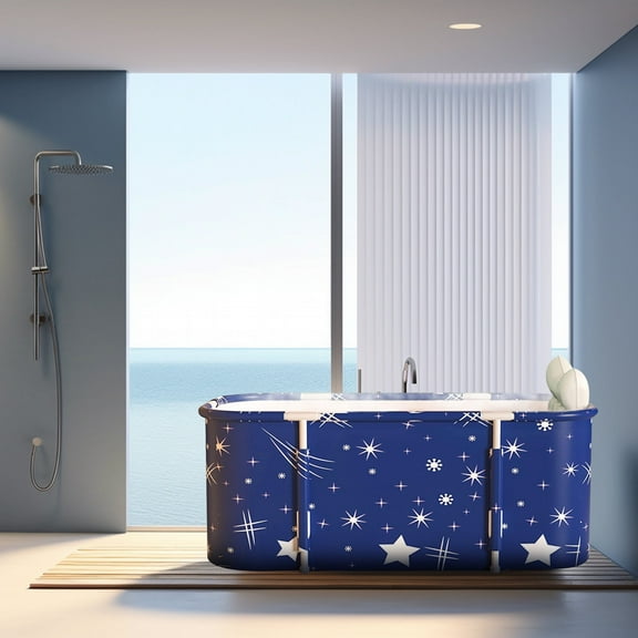 Foldable Bathtub for Adults - 112cm Insulated Hot/Cold Therapy Tub with 6-Layer Thermal Lining & Side Drain (Starry Sky)