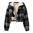 thumbnail image 2 of Zedker Women's Cropped Hooded Long Sleeve Casual Plaid Printed Zipper Tops with Pockets, Comfy Soft Inner Fleece Thermal Jackets for Winter,Black,XL, 2 of 7