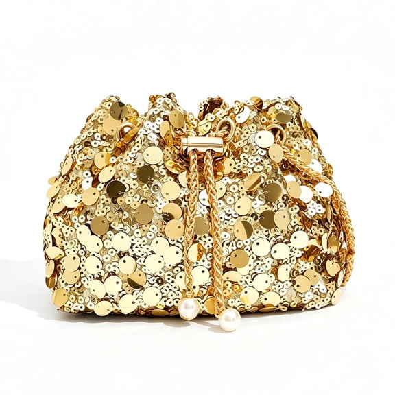 REMANLAND Women's Satin Sequin Evening Bucket Bag, Gold