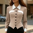 thumbnail image 2 of ManxiVoo Women's Long Sleeve Shirt Color Block Tailored Slim Fit Blouse for Workday Chic Style XL Size Khaki, 2 of 4