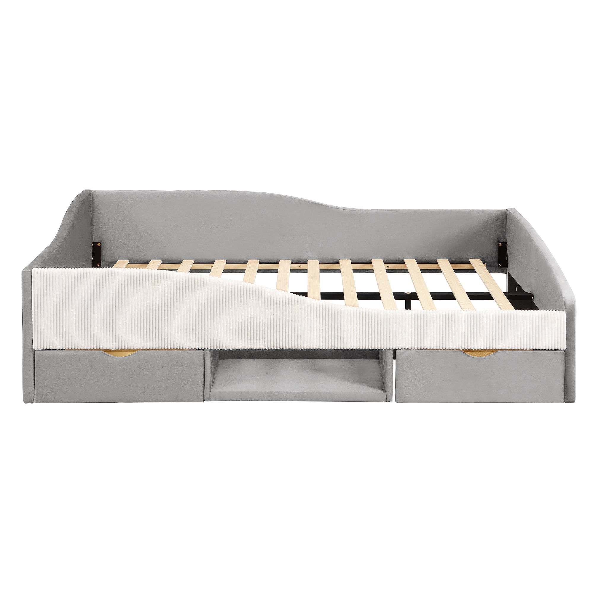 Mintazer Full Size Cool Upholstered Daybed Frame with 2 Storage Drawers & Open Shelf & Guardrail for Kids Boys Girls, Gray