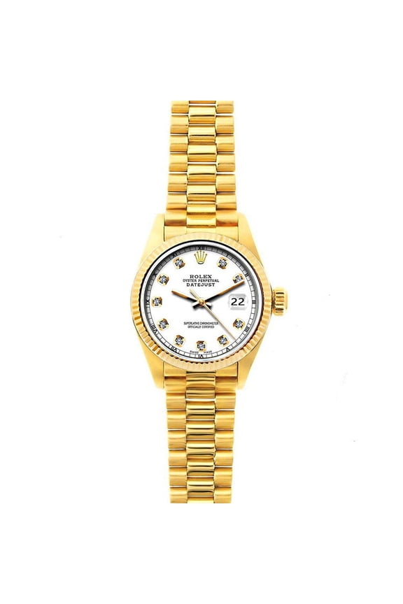 Pre-Owned Rolex Datejust 26MM 69178 White Diamond Dial Fluted Bezel 18K Yellow Gold President Bracelet