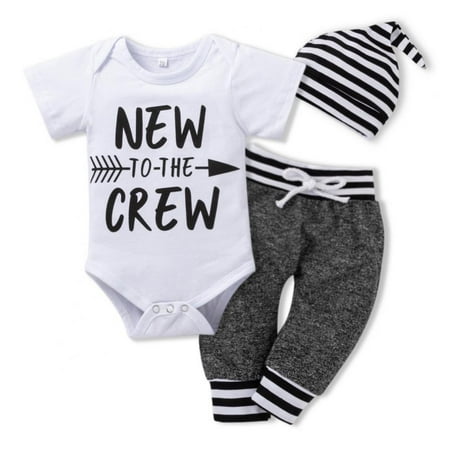 

Baby Boy Outfits Infant New to the Crew Short Sleeve Romper+ Pants Trouser+ Hat Clothes Set 3 Pack( Newborn Boys) 12-18 Months