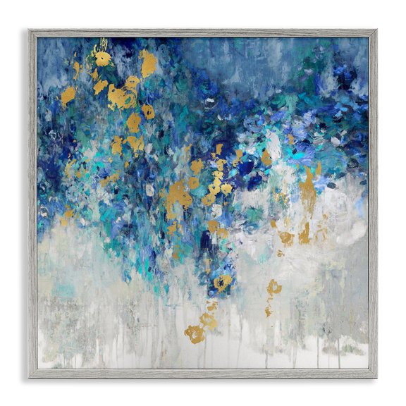 Stupell Industries Abstract Blue Gold Paint Design Abstract Painting Gray Framed Art Print Wall Art, 12 x 12