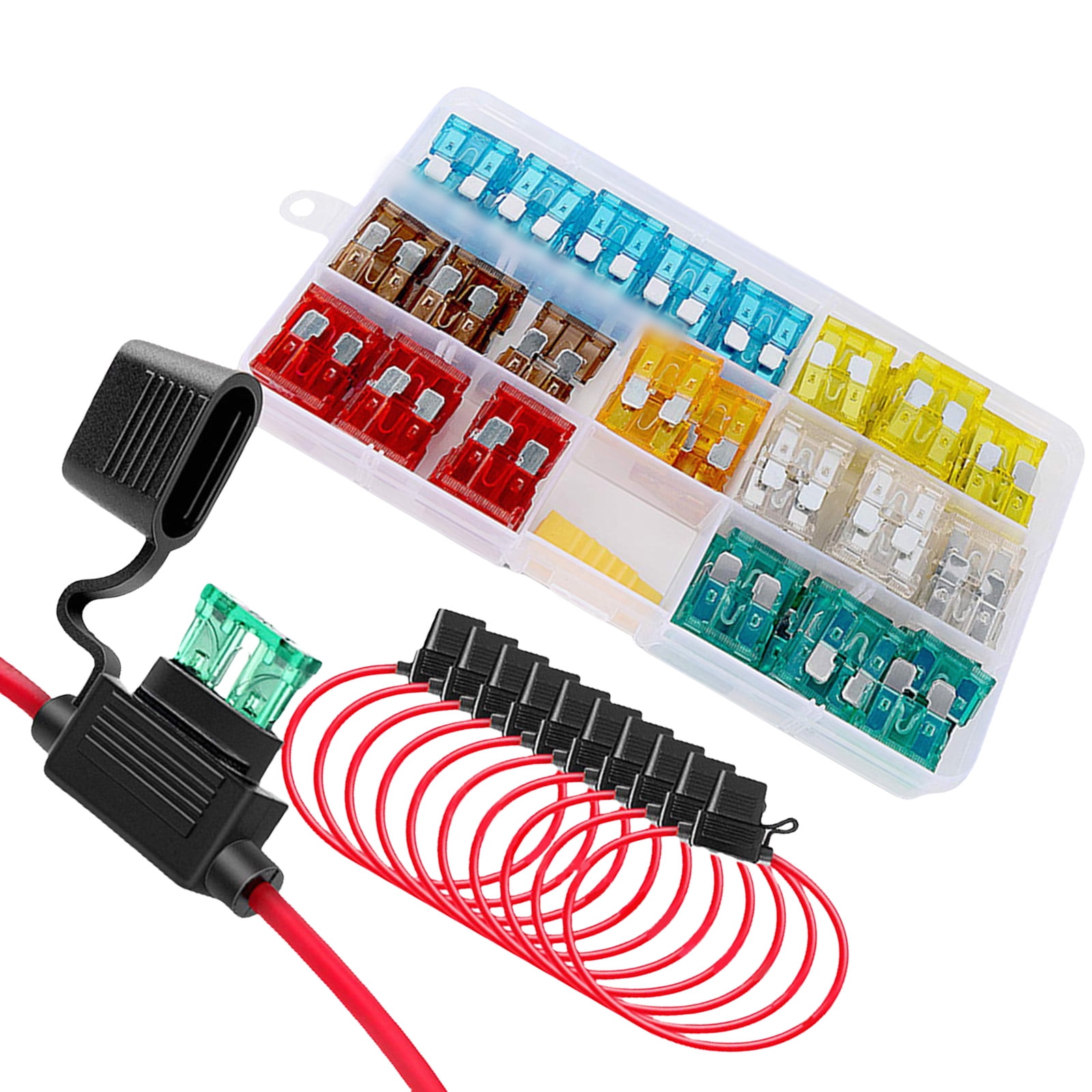130pcs Inlines Car Fuses Holders 12V Waterproof Designs Includes 14 Standard Fuses Convenient for Various Vehicles