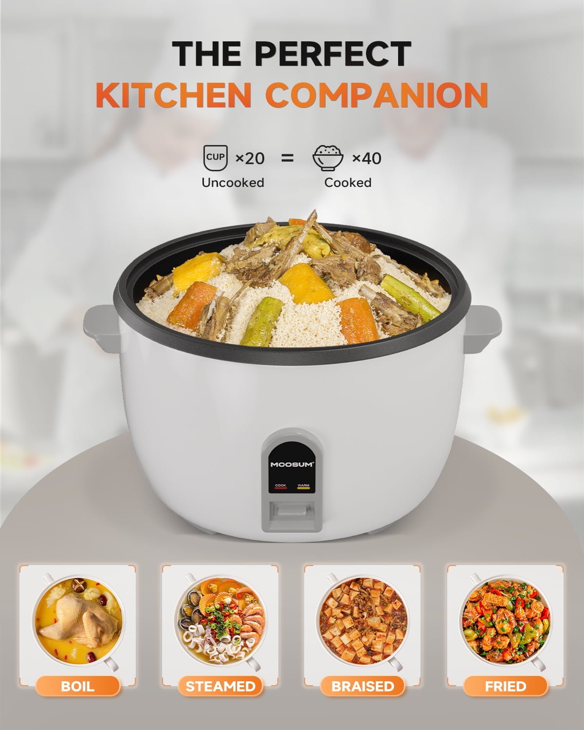 MOOSUM Commercial Rice Cooker, Large Capacity 20-Cup (UnCooked), 40-Cup (Cooked) with One Touch Operation and 12-Hour Keep Warm,Easy to Use and clean,1200W