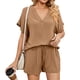 thumbnail image 1 of Conjuntos de 2 piezas para mujer, cuello en V, manga corta enrollada, Top, pantalones cortos con nudo, conjunto de trajes de Color puro de verano, 1 of 6
