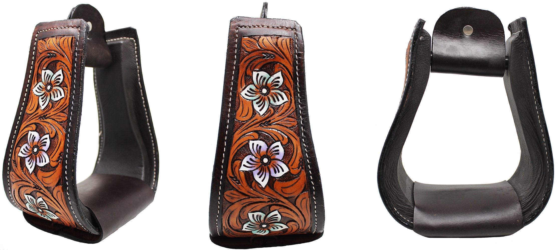 Horse Saddle Stirrups Floral Tooled Leather Covered Western Tack Bell