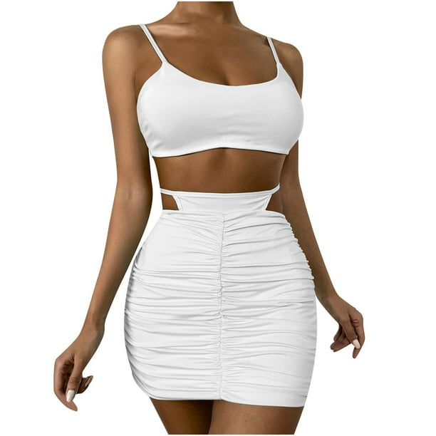 Conjunto de 2 piezas de traje de falda corta sin mangas sólido Sexy de moda de verano para mujer Pompotops lopia989950