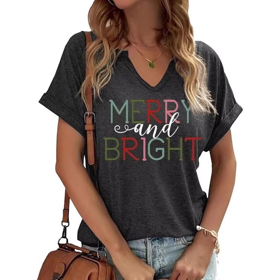Womens Short Sleeve V Neck Merry Christmas T-Shirts Christmas Tree Bright Graphic Tee Tops (L,Dark Grey)