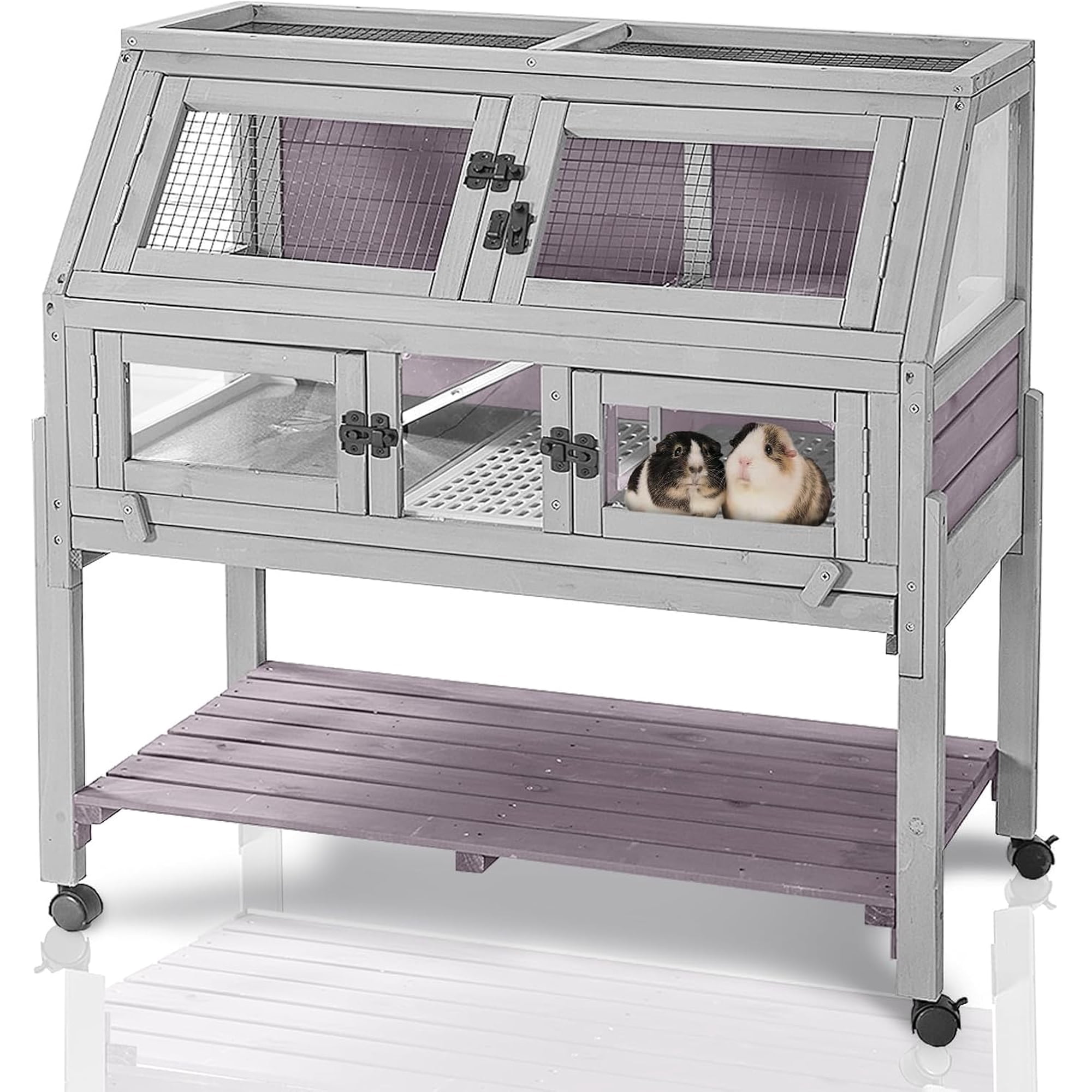 MEDEHOO Guinea Pig Cages with Wheels, Large Hamster Cage with Anti-Chewing Ramp and Hideouts, Zinc Cool Plate, Plastic Floor, Deeper Leakproof Tray, Small Animal Cage for Indoor and Outdoor Gray