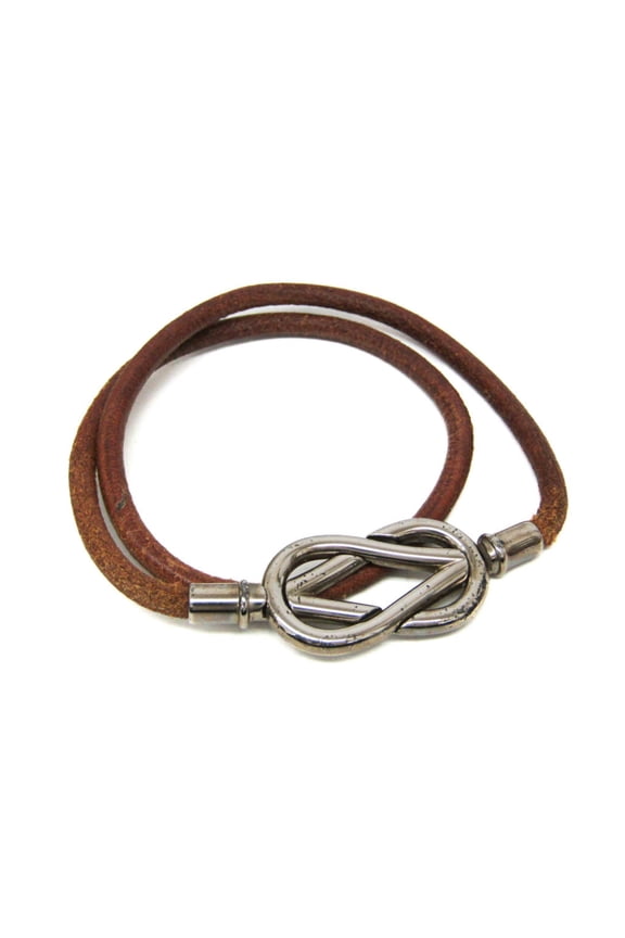 Pre-Owned Hermes Atame Choker Leather,Metal Bangle Silver,Brown (Good)