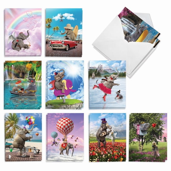 The Best Card Company 20 Assorted Blank Notecards Boxed Set 4 x 5.12 Inch with Envelopes (10 Designs, 2 Each) Elefantasy Fun AM9617OCB-B2x10