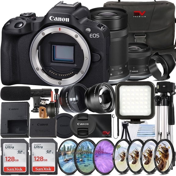 Canon EOS R50 Mirrorless Camera with RF-S 18-45mm   55-210mm Lens   2 Pack SanDisk 128GB Memory Card   Case   Wide Angle   SV Premium Accessory Bundle