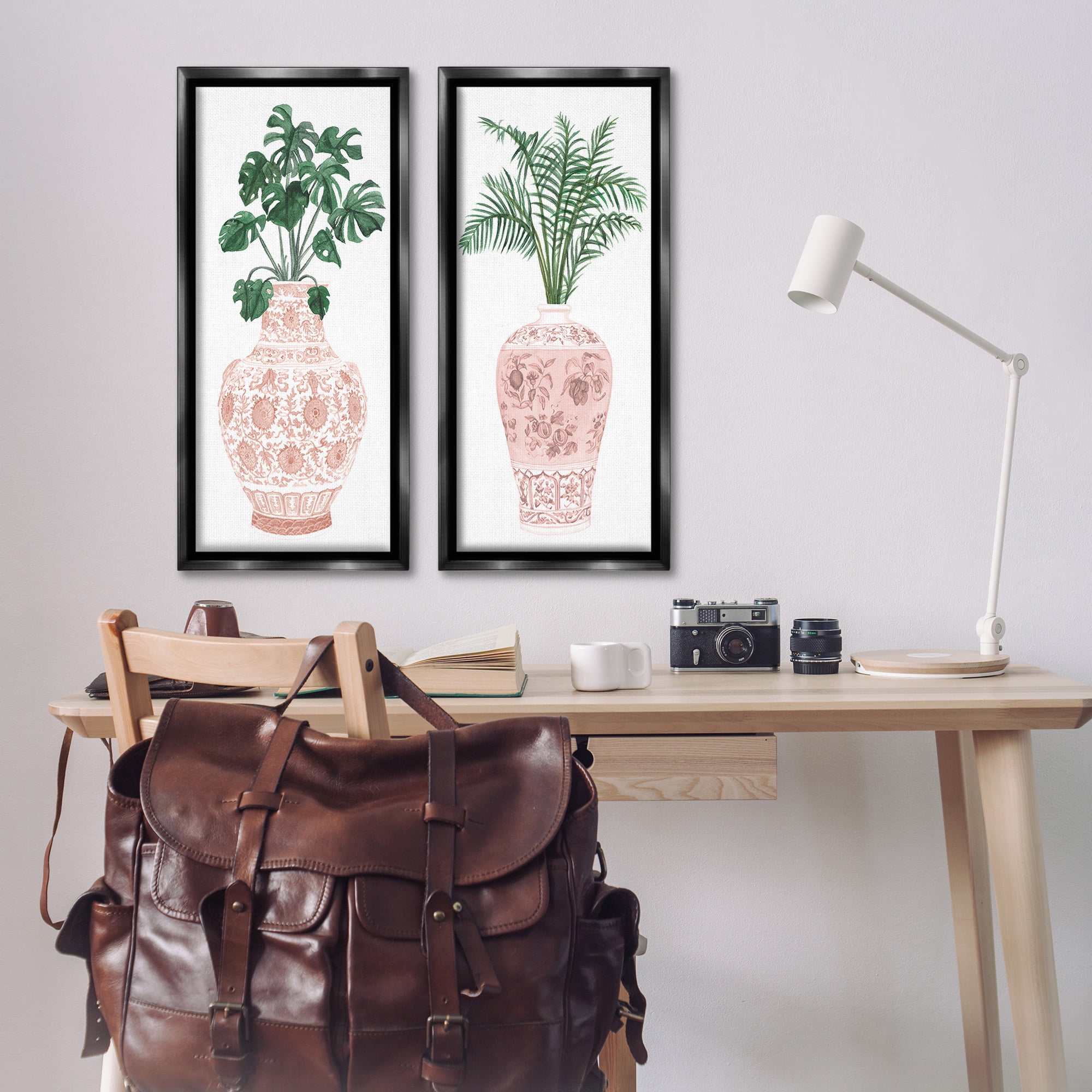 Stupell Industries Plants & Oriental Vases Botanical & Floral Painting Black Floater Framed Canvas Art Print Wall Art, 14 x 31, Set of 2