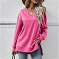 thumbnail image 2 of Jewelreauty Women Solid Color V Neck Sweatshirts Long Sleeve Pullover Slit Tops Fashion Loose Fitting Hoodless Blouses (M, Hot Pink), 2 of 5