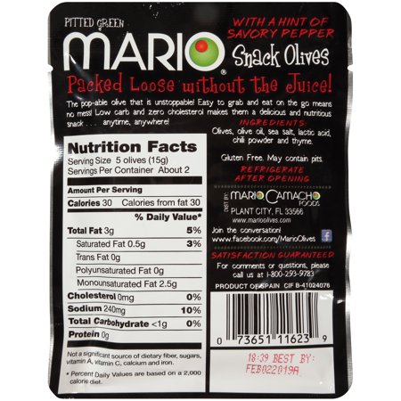 MARIO® PITTED SNACK OLIVES WITH A HINT OF SAVORY PEPPER 1.05 OZ. POUCH