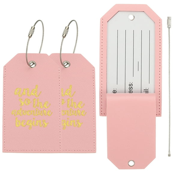 Luggage Tags, Pink PU Leather Suitcase Tags with Metal Ring, 3 Pcs