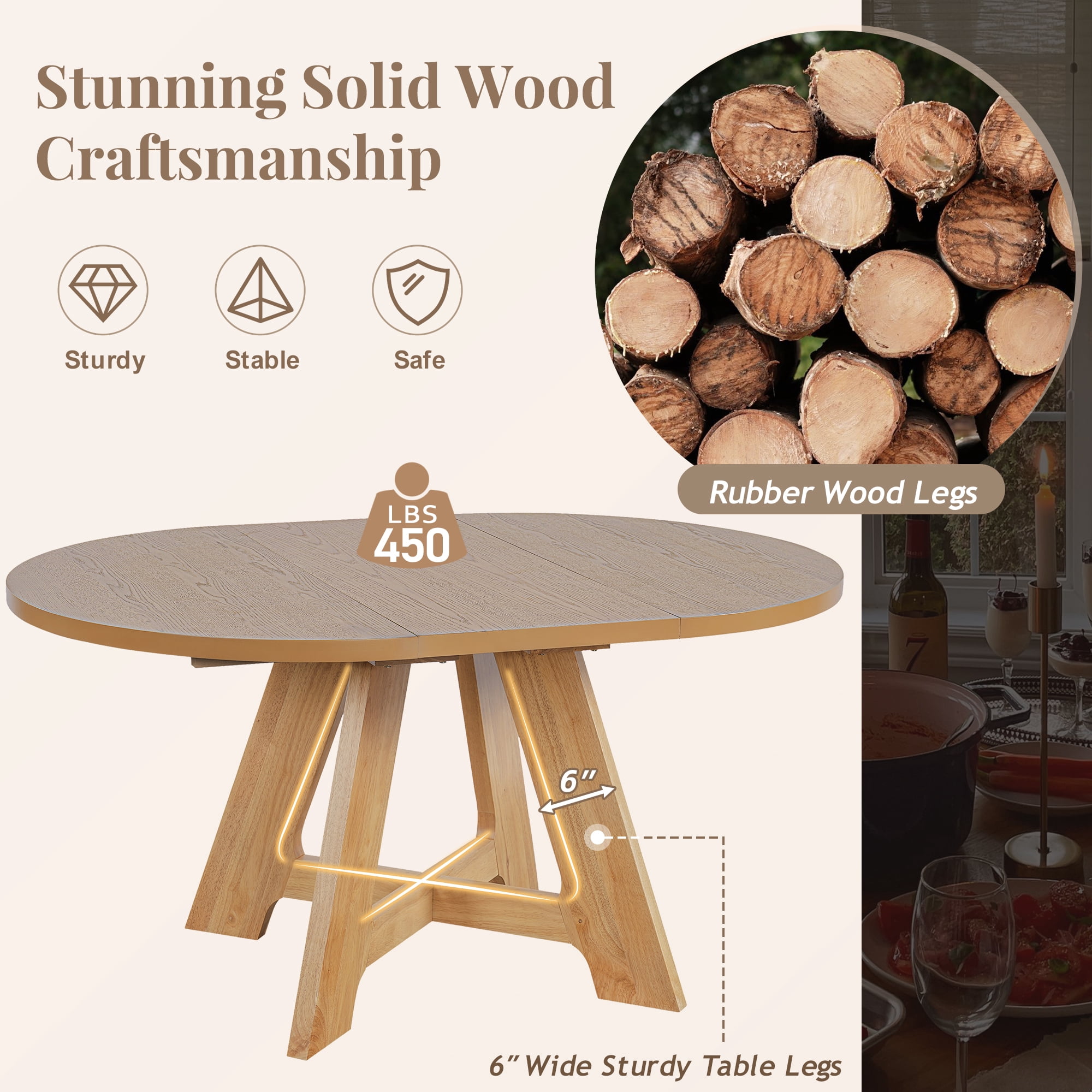 Euroco 5-Piece Round Dining Table Set for 4, Farmhouse Extendable Kitchen Table Set with Removable Leaf and 4 Upholstered Chairs for Small Places,Natural