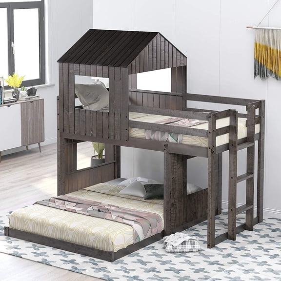 Harper & Bright Designs Wooden Twin Over Full Bunk Bed, Loft Bed with Playhouse, Farmhouse, Ladder and Guardrails for Bedroom, Antique Gray