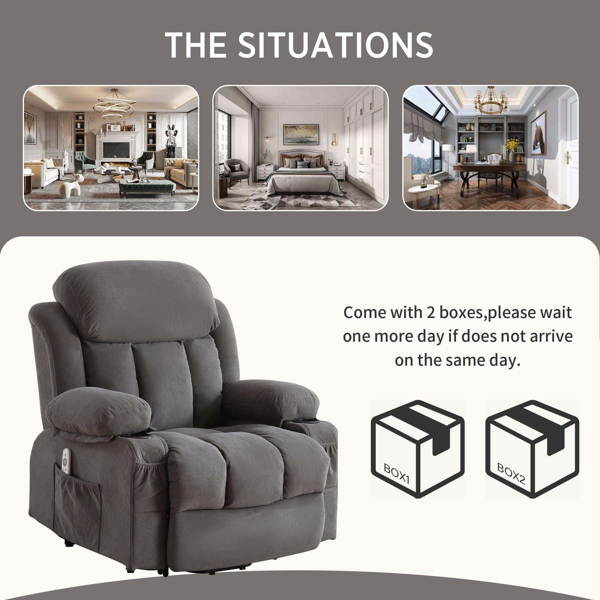 Power Lift Recliner Chairs with Massage and Heat, UHOMEPRO Electric Fabric Recliner Chair for Elderly, Living Room Furniture with USB Charge Port, 2 Cup Holders, and Side Pocket, Gray