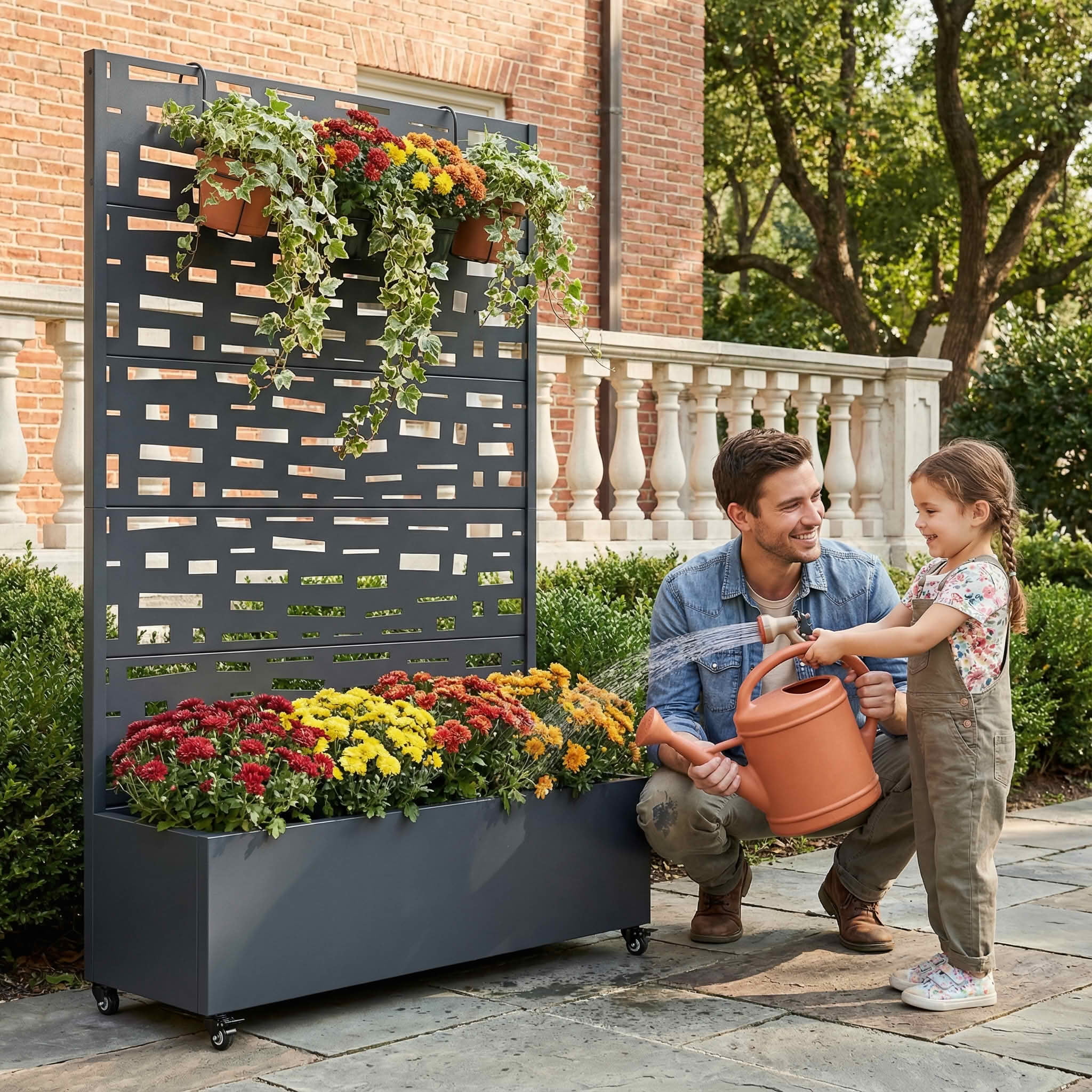 MAYEERTY 72X47" Metal Outdoor Cambrian Gray Privacy Screen with Planter Box for Backyard & Garden, 5 Piece Set