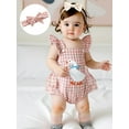 thumbnail image 3 of Suealasg Baby Girl Duck Embroidery Romper Flying Sleeve Tiered Plaid Overalls with Headband, 3 of 9
