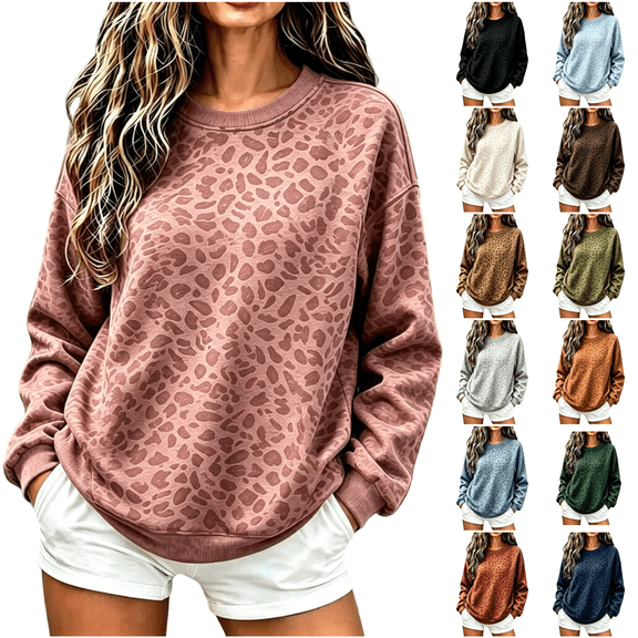 Women Oversized Crew Neck Sweatshirt Leopard Print Long Sleeve Drop Shoulder Pullover Streetwear Fall Winter Tops