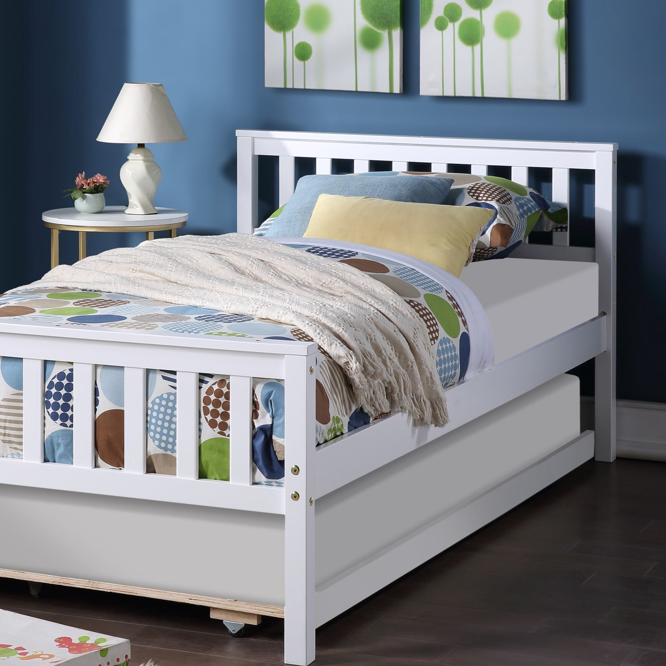 Noble House Kilby Twin Platform Bed with Pull-out Trundle, Hardside Pine Wood Bed Frame with Headboard, White