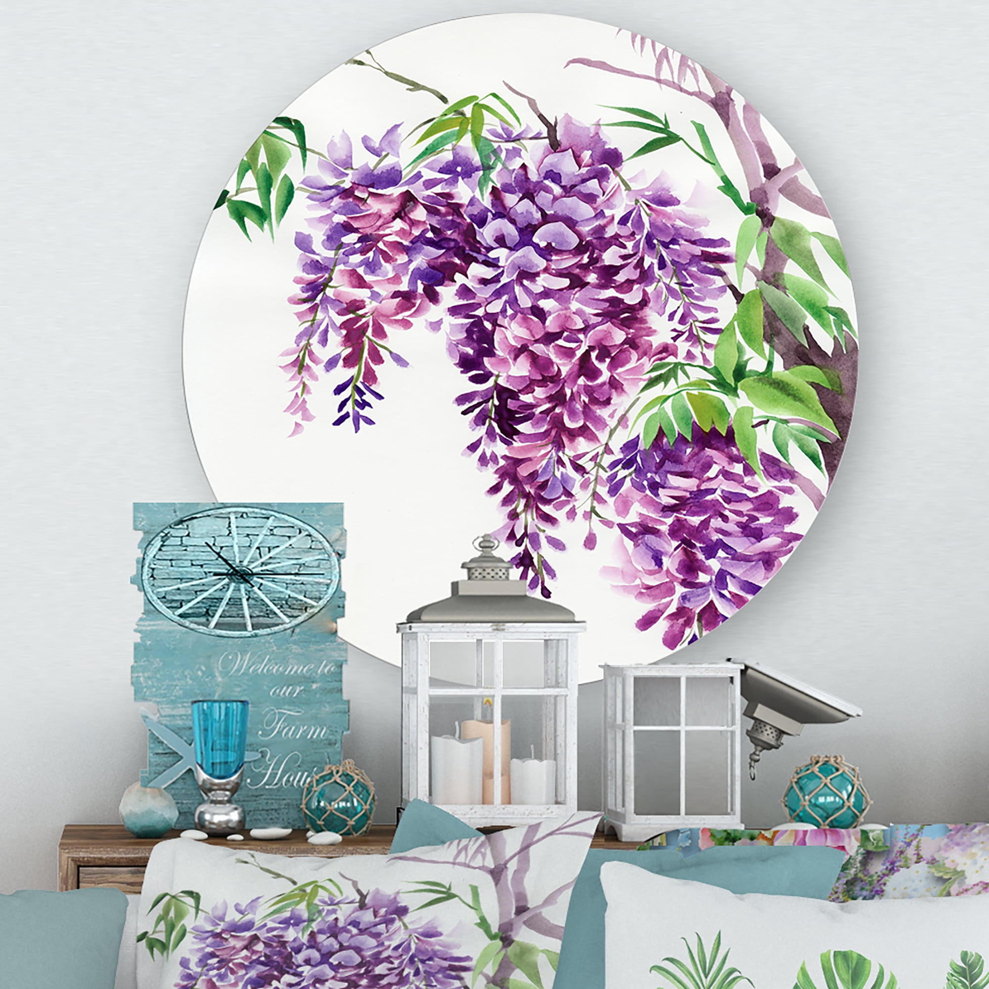 Designart 'Wisteria Purple Branches' Traditional Circle Metal Wall Art 11x11 - Disc of 11