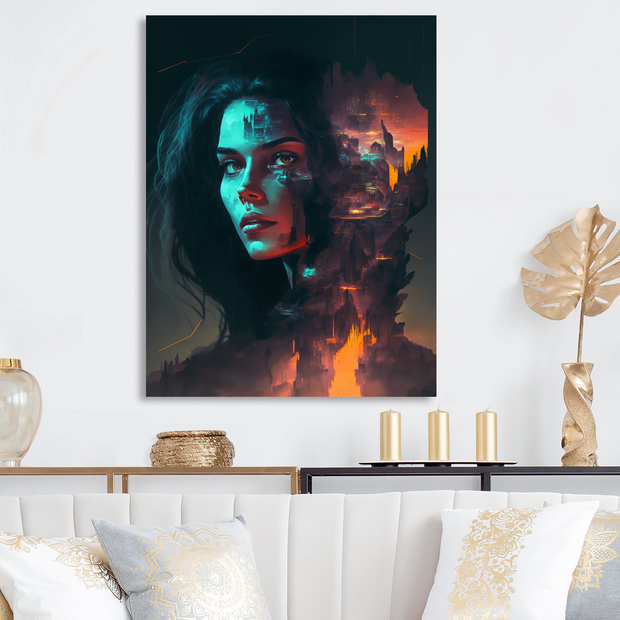 Designart Double Exposure Woman Portrait Sci-Fi IV Canvas Wall Art