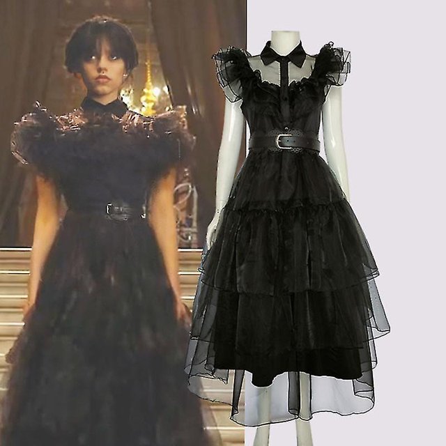 Wednesday Adams Family Cosplay Ball Black Dress Performance Dress(dress + Belt + Decorative Belt) zhangyuxiang LED