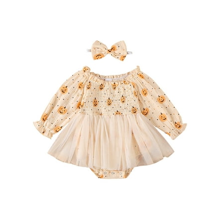 

ESASSALY Girl Halloween Romper Long Sleeves Pumpkin Print Jumpsuit Headband