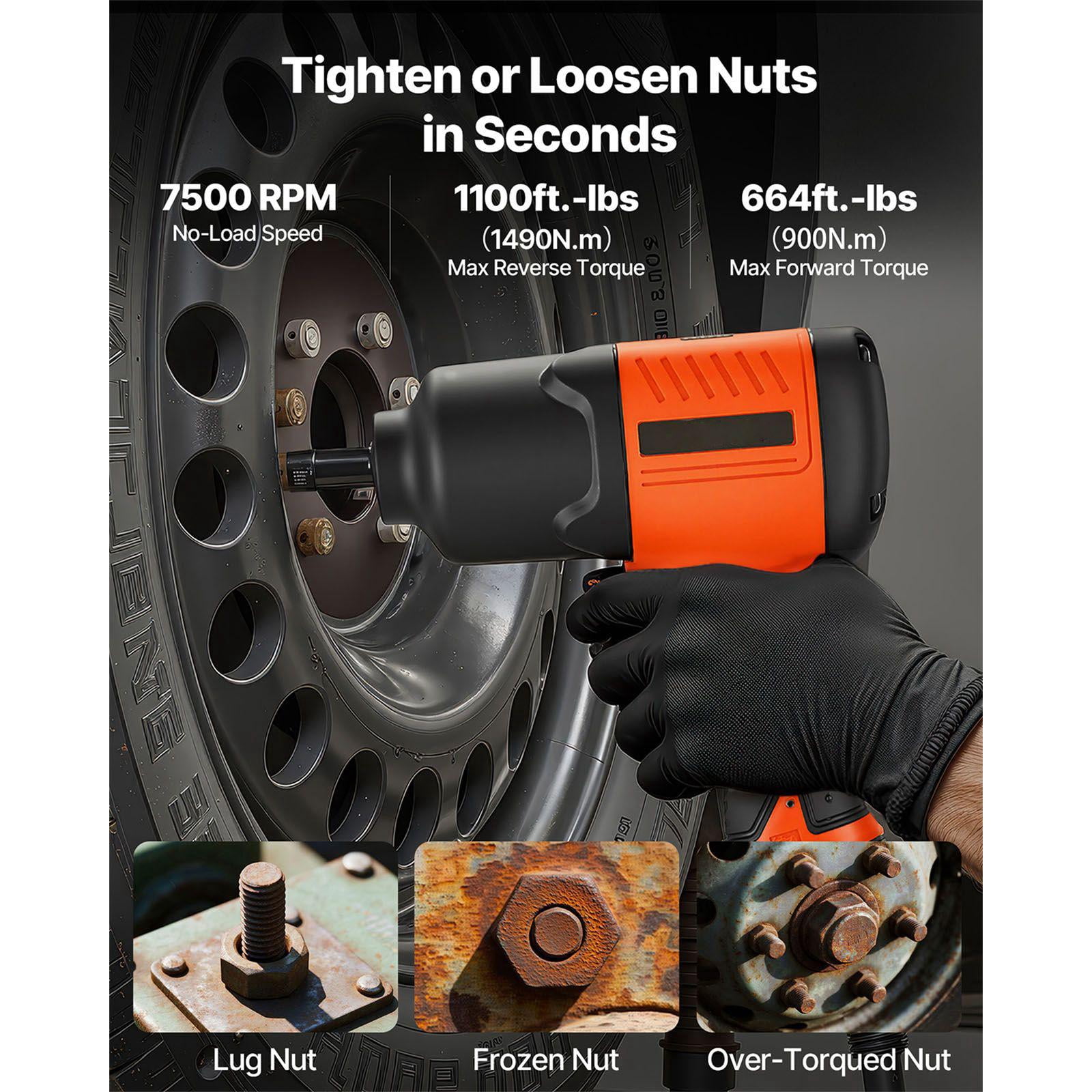 Pneumatic Impact Wrench 1/2 Inch Drive 1100 Ft Lb Reverse Torque 7500 RPM 4 Speed Adjustable Lightweight Portable Automotive Repair Maintenance
