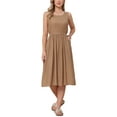 thumbnail image 2 of Sleeveless Dress for Women Crew Neck Drawstring Waist Summer Midi Dress S Khaki, 2 of 6