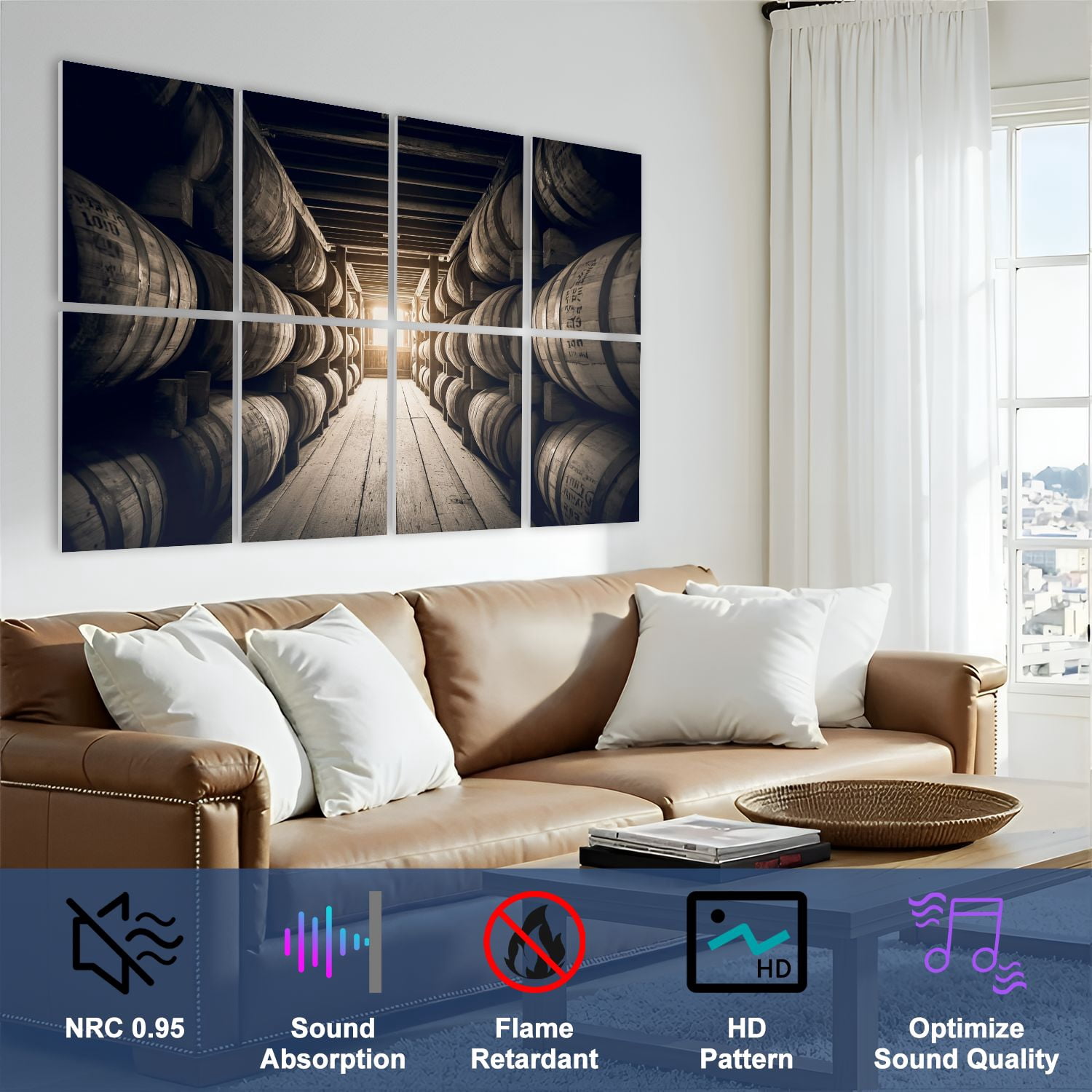 8 Pack Art Acoustic Panels Sound Absorbing Bourbon barrels aging Whiskey Decorative Soundproof Wall Panels Self Adhesive for Nursery Game Room Bedroom 48"x32"