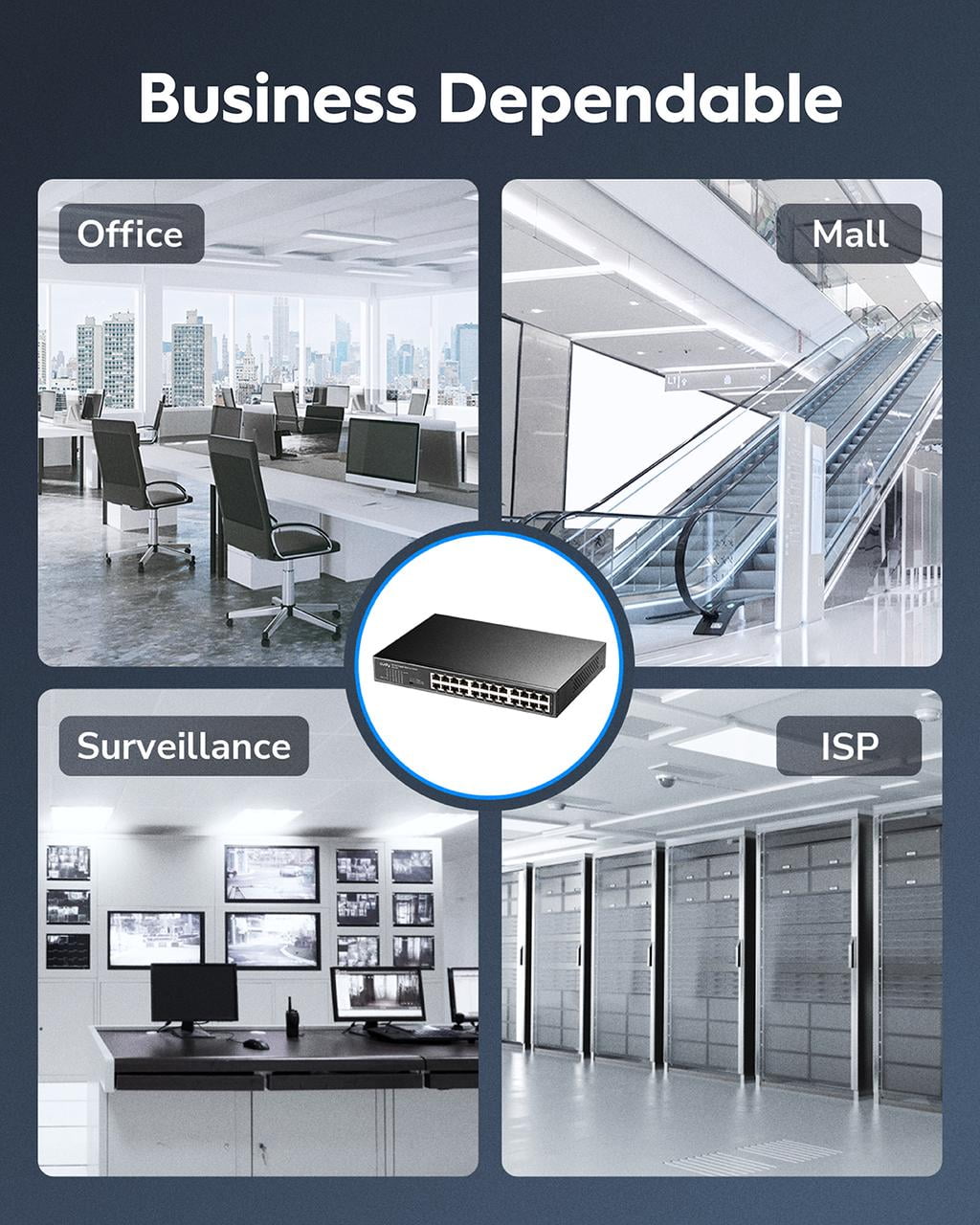 The GS1024 is a 24-port Gigabit Ethernet switch with a fanless, silent design. It supports VLAN/extended modes, desktop/rack mounting, and plug-and-play functionality.