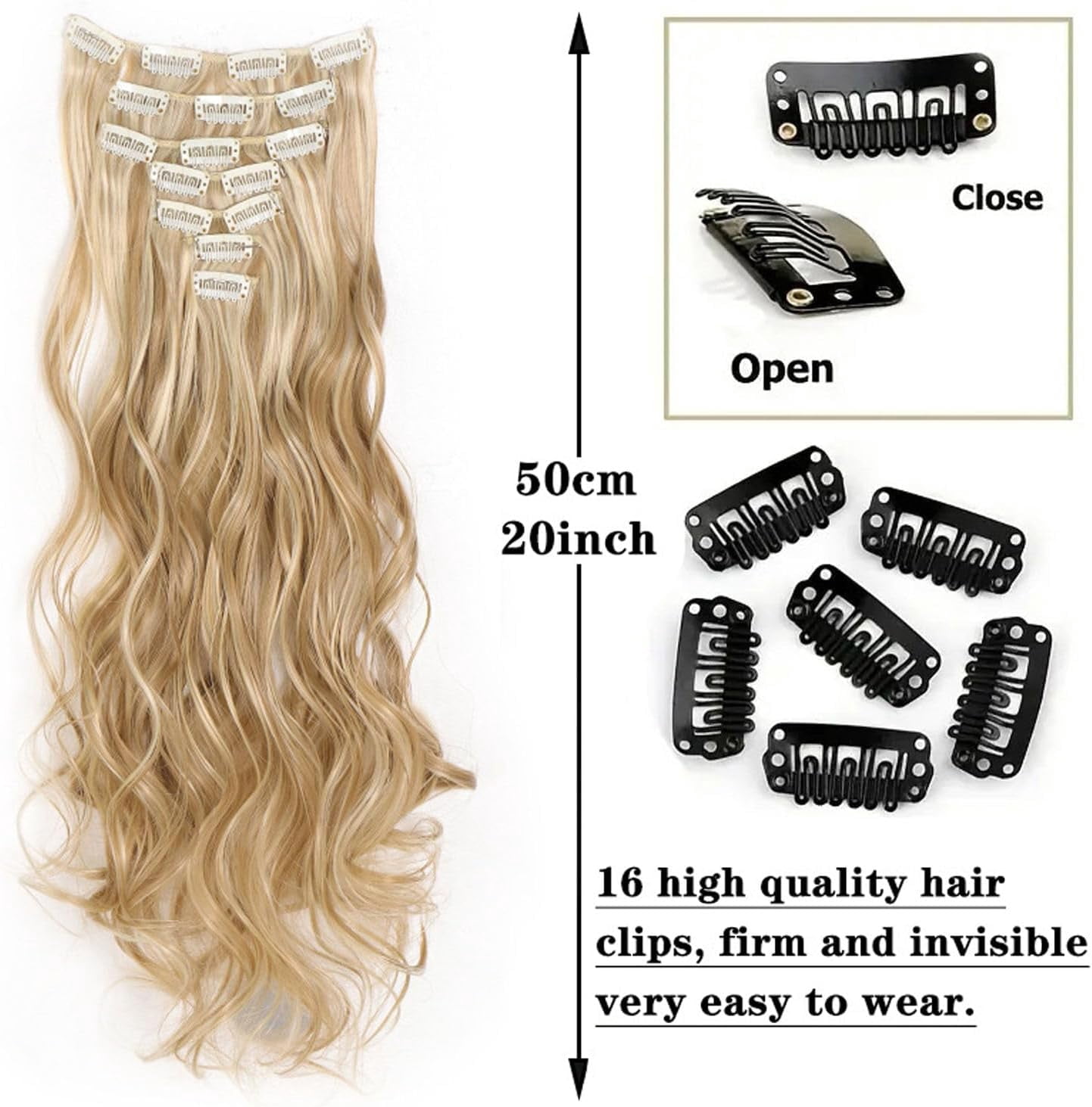 Aorsher Black Clip in Hair Extension, 7PCS Synthetic Hair Extension Clip in Thick Stright Layered Hair Extensions 20 Inch Invisible Double Weft Hair Extensions for Women
