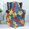 thumbnail image 4 of Autism Awareness Soft Flannel Fleece Throw Blanket, Repetitive Layout of Colorful Puzzle Pieces Colorful Design Print, Cozy Plush for Indoor and Outdoor Use, 50" x 70", Multicolor, by Ambesonne, 4 of 5