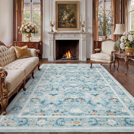 8x10 Ft Washable Rug Living Room Non Slip Low Pile Vintage Floral Dusty Blue