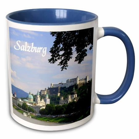3dRose Salzburg sunny river-side city photography - beautiful cities in Europe - Austria - Austrian towns - Two Tone Blue Mug,