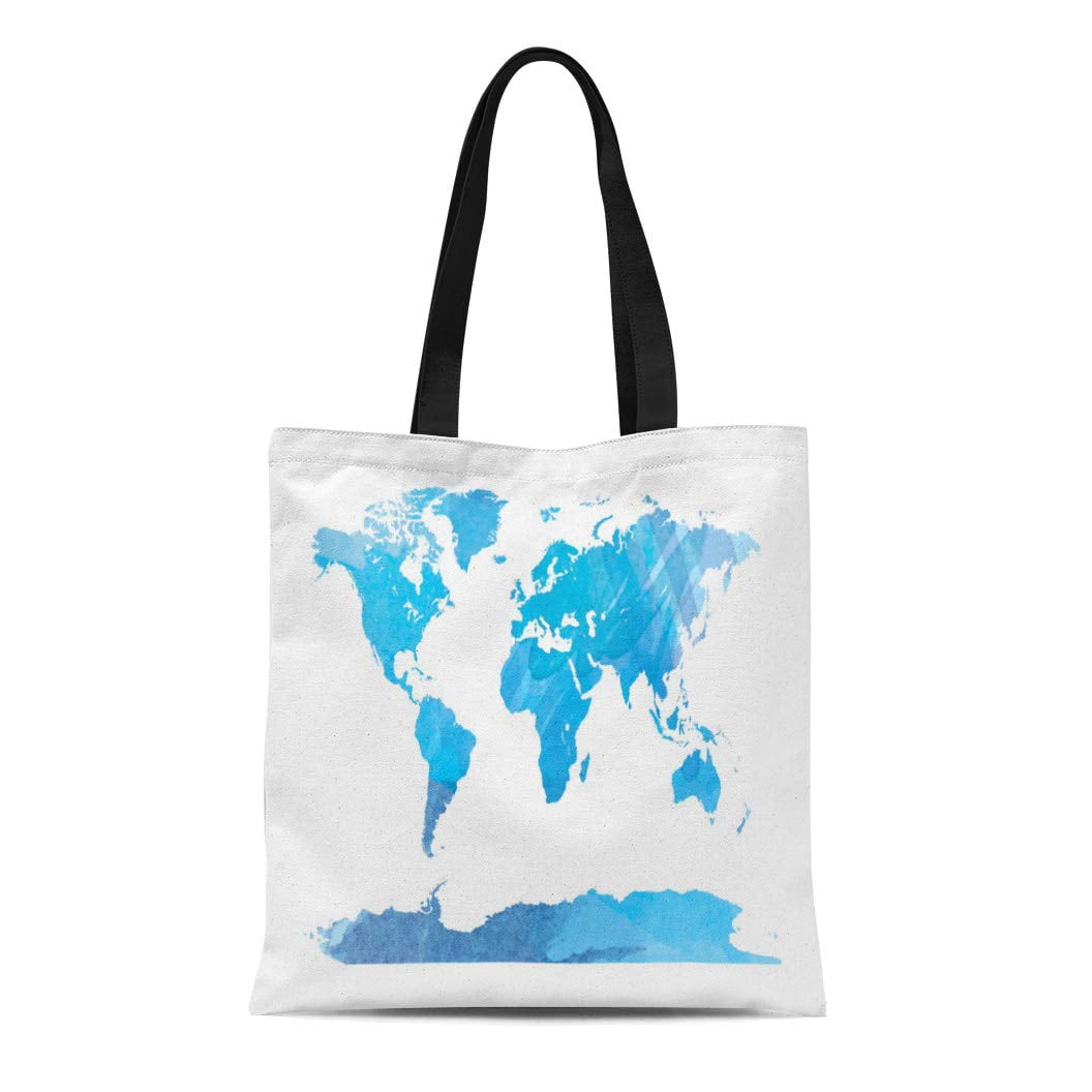 ASHLEIGH Canvas Tote Bag Travel World Map Watercolor Painting Blue