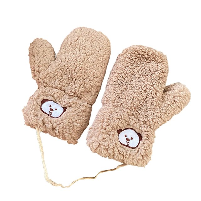1 Pair Girls Mittens Fuzzy Cute Animal Embroidery Hanging Rope Thickened Soft Keep Warm Sherpa Windproof Winter Adults Gloves for Riding