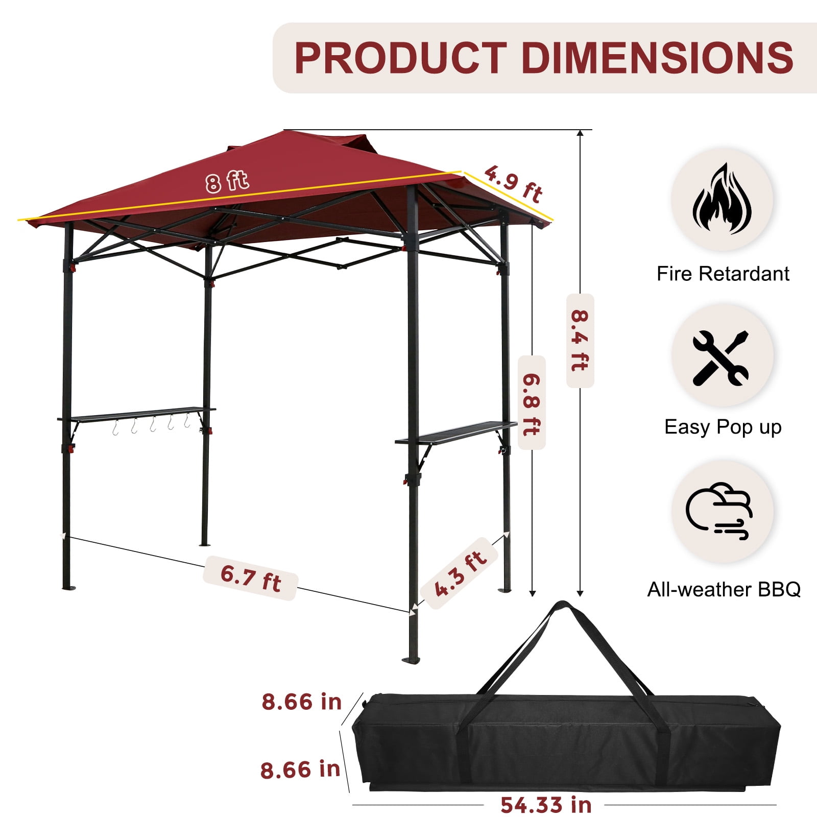 INTER HUT 8 x 5 Pop-up Grill Gazebo, Outdoor Portable BBQ Grill Patio Canopy, with Carrying Bag, Red